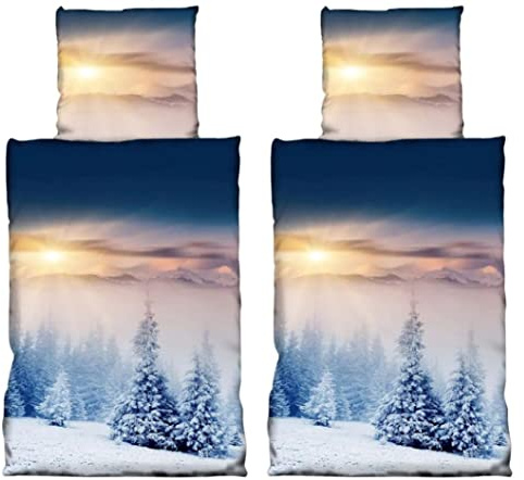 Leonado Vicenti 4teilige Fleece Bettwäsche 135x200 cm Winter Flausch Thermofleece Bettbezug Deckenbezug Blau Tannen