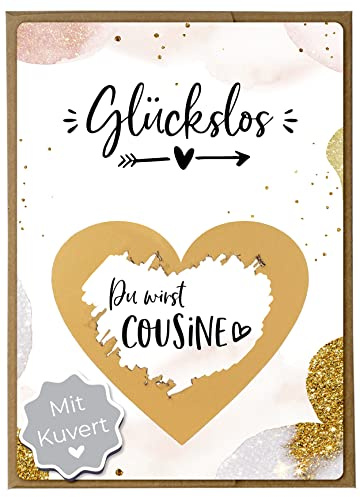 Joli Coon Rubbelkarte Du wirst Cousine, mit Kuvert | 350g Designerpapier, fühlbare UV-Lack-Veredelung, naturfarbenes Steckkuvert mit goldenem Herz, Premium-Papeterie