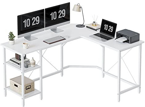 CubiCubi L-förmiger Schreibtisch mit Regalen, 150x120 cm, Eckschreibtisch, L-förmiger Gaming-Schreibtisch, Homeoffice-Schreibtisch, Weiß