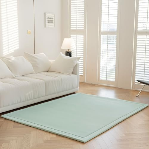 IOTXY Koralle Samt Teppich für Kinder - 150 x 150 cm Hellgrün Samtmatte | Krabbelteppich Baby, Spielmatte, Krabbeldecke für Kinderzimmer und Wohnzimmer,