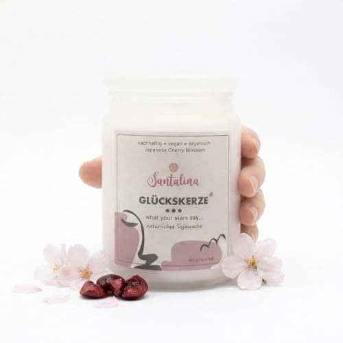 Santalina Duftkerze Japanese Cherry Blossom – Glückskerze mit versteckter Botschaft im Wachs | Zarter Kirschblüten-Duft, Holzdocht, ca. 50 Std. Brenndauer | Geschenk für Frauen