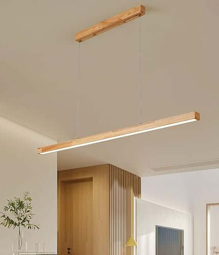 LED Pendelleuchte Holz dimmbar Hängeleuchte esstisch mit Fernbedienung pendellampe höhenverstellbar Moderne Linear design wohnzimmerlampe hängend für büro esszimmer Küche Hängelampe 100cm (L100CM)