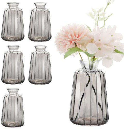 Avmvnvc Kleine Glasvasen - 6er Set Kleine Vasen für Tischdeko Hochzeit - Vintage Stil Deko Vasen Set - Mini Glasvasen für Tischdeko, Grau