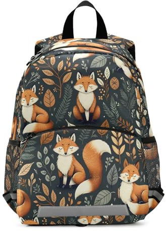 Mnsruu Kleinkind-Rucksack, Fuchs und Blätter, Kinderzimmertasche für Jungen und Mädchen, Vorschule, Kindergarten, Büchertasche, Reisetasche, Kindertagesstätte mit reflektierenden Streifen, B268