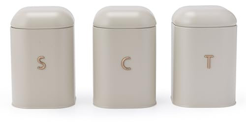 Salter Pebble Tea Coffee Sugar Canister Set – Countertop Storage Tins, Kitchen Worktop Containers for Dry Goods, Carbon Steel Labelled Canisters, Powder Coated Caddies, Stone/Brass BW13729OEU7