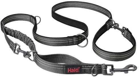 HALTI Anatomy Multifunktionsleine – Doppelführleine mit Zwei Karabinern und Ruckdämpfer, ideal zum Gassigehen & Hundetraining. Reflektierend & leicht. Geeignet für Welpen (Größe S, Grau)