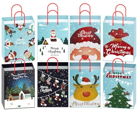 CHARMGIFTBOX 24 Stück Extra Dicke Geschenktüten aus Papier für Weihnachten, 23 x 18 x 10 cm Party Tüten für Geschenke, Papiertüten mit Griff für Weihnachtsfeier Gastgeschenke Austausch