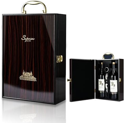 HiCrast Wine Box, 2 Bottle Top Handle with 3 Accessory Gift for Wedding,Party,Gift,Birthday,Vintage Ebony Wine Storage Box for Home Bar Decor,Handmade Premium Carrier Case
