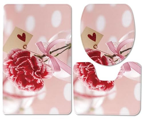 Bad Teppiche Set Rosa Nelkenblüte Badezimmerteppich Waschbar WC Vorleger mit Ausschnitt und WC Deckelbezug 3 Teilig Badematte rutschfest Toilettensitzbezug Badgarnitur 45x75 cm