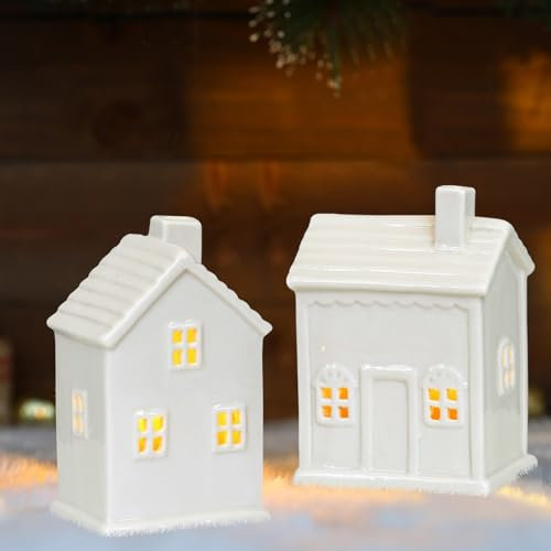 ACAREY Weihnachtsdeko Keramik Haus Kerzenständer mit LED Mini Weihnachtshaus Weihnachten Deko Lichter Für Weihnachten Theme Fenster Schlafzimmer Tischdekoration Innen (A)