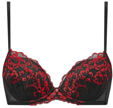 Ann Summers Sexy Lace Padded Plunge Bra, Fuller Bust DD+, A-G Cup, Curve-Enhancing Womens Underwear with Padded Cups & Underwire, Removable Mini Pads for Smaller Sizes, Adjustable Straps Black/Red