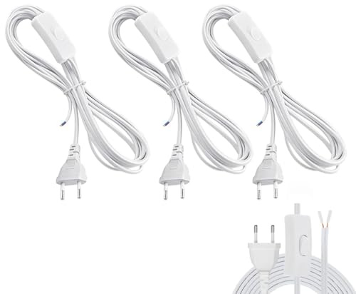 joonnair 3 X 1,8m DIY Stromkabel mit Schalter Sowie 2 Polig Stromkabel mit Stecker und Kabel mit Stecker, Netzkabel mit Offene Enden, ideal als Kabel mit Schalter und Stecker Weiß