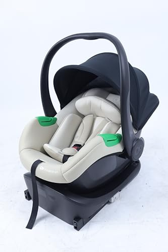 Kinderkraft Mink PRO 2 i-Size 40-87 cm Babyschale, Kindersitz mit isofix Mink FX2-Basisstation, Autositz von Geburt Gruppe 0+, Verstellbare Kopfstütze, Einsatz für die Jüngsten im Set, Beige