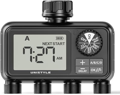 Unistyle Water Timer 4 Outlets, 4 Way Hose Timer for Sprinkler Irrigation, Auto/Manual/Delay Modes for lawn & Garden Automatic Watering System, with Smart Battery Management, Large LCD Easy to Use