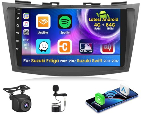 Inefala 4+64G Bilradio för Suzuki Ertiga 2012-2017 Suzuki Swift 2011-2017 Android med trådlös CarPlay Android Auto, 9 Tums Bilskärm med Bluetooth WIFI GPS FM/RDS 32EQ SWC Backkamera