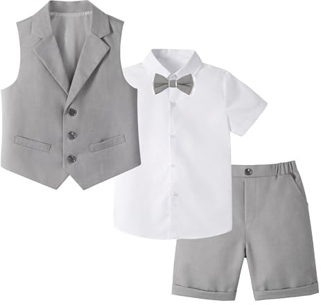 LOLANTA 4-Piece Kids Waistcoat Suit, Boys Wedding Party Shorts Set, Page Boy Outfit, Shirt, Bow Tie, Shorts, Waistcoat, 2-13 Years
