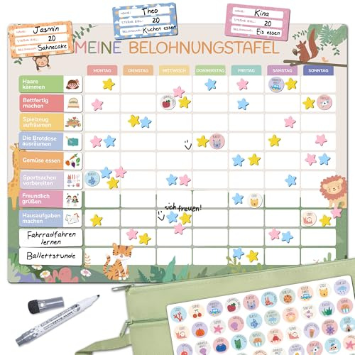BIROYAL Belohnungstafel Kinder - [100 Aufgaben + 350 Magnete] - Belohnungssystem Kinder - Belohnungstafel Kind s ab 4 - Montessori Magnettafel - Wochenplaner, Adhs Hilfsmittel - inkl. Tasche, Stift