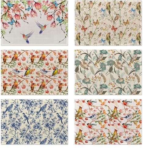 Lot de 6 sets de table vintage à motifs fleurs et oiseaux, antidérapants, résistants à la chaleur, lavables pour fête, cuisine, décoration de table salle à manger intérieur et extérieur