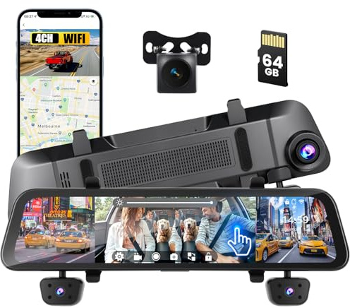 Inefala Dash Cam Auto Specchio Retrovisore 12 Touchscreen 4 Canali, 1080P, WiFi, GPS, Visione Notturna, G-Sensor, Scheda 64GB Inclusa, Registrazione in Loop, Monitor di Parcheggio
