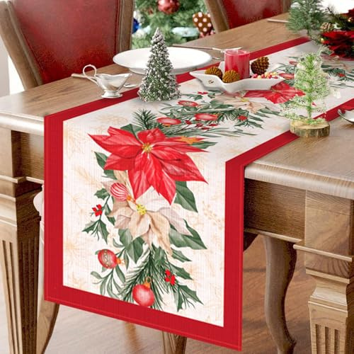 Navidad Camino De Mesa Rojo 230x33cm, Poliéster Decoracion Navidad Hogar, Mantel Navideño Estampado Con Flores Rojas Ramas De Pino, Centro De Mesa Navidad 2025 Adornos Navideños Christmas Decoration