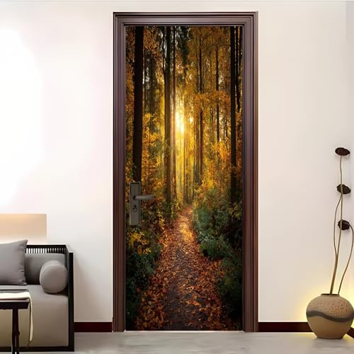Türtapete Selbstklebend Goldener Herbstwald 3D Türaufkleber 77x200 cmNatüRliche Landschaft Türfolie PVC Wasserdich Fototapete für Wohnzimmer Schlafzimmer Küche und Bad Tür