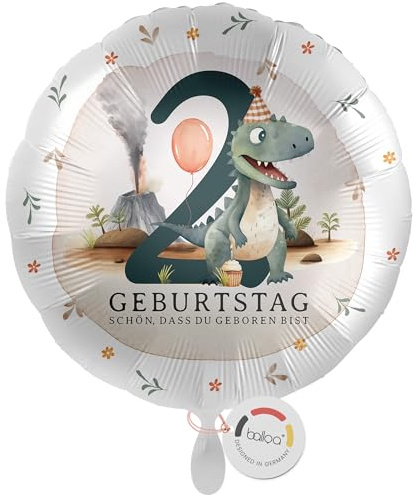 balloa Folienballon 2 Jahre rund Dino mit Vulkan, Geschenk zum zweiten Kindergeburtstag, Ballon Helium geeignet Luftballon Dinosaurier Partydeko für Jungen oder Mädchen Geburtstagsdekoration, 33cm