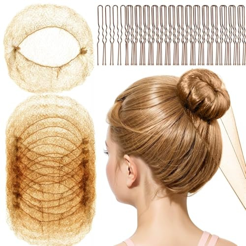 Haarnetze für Dutt Set: 20 unsichtbare elastische Ballett-Haarnetze & 50 U-förmige Haarnadeln. Ideal für Frauen, Krankenschwestern, Tänzerinnen (Braun)