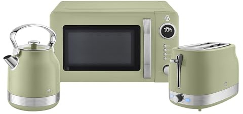 Swan Retro Kitchen Set, 1.7L Rapid Boil Traditional Kettle, 2 Slice Toaster and 20L Microwave, Green, SK14631GRN & ST19028GRN & SM4425GRN