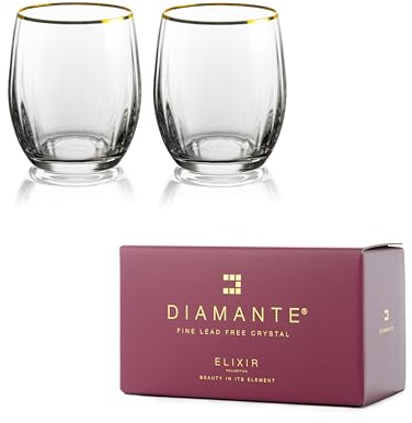 DIAMANTE Lot de 2 verres à whisky en cristal Mirage Gold avec bords peints en or véritable, verres à l'ancienne, motif vague optique, coffret cadeau, 300 ml