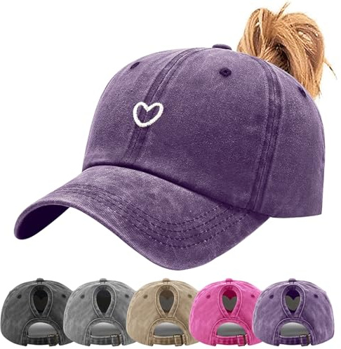 Tiakay Pferdeschwanz Baseball Cap mit Herzförmiges Stickmuster Damen Verstellbare Baseballkappe Vintage Mützen Sonnenschutz Basecap Mit Zopf Loch Verstellbarer Sonnenhut Camping-Wanderhut (B_Lila)