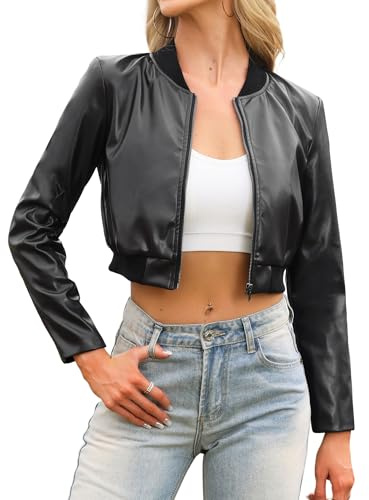 Allegra K Blouson Court Femme en Similicuir Bomber Aviateur Court Zippé Veste Décontractée en PU Style Motard Noir L