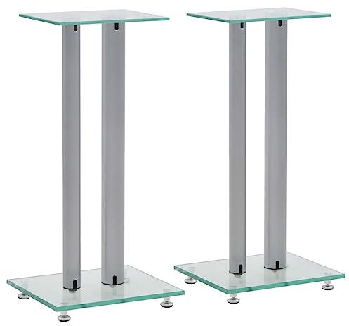 Lot de 2 Support d'enceinte, Support de Haut-Parleur Pieds d'enceinte Supports pour Enceinte 2 pcs Verre trempé Design 2 colonnes Argenté