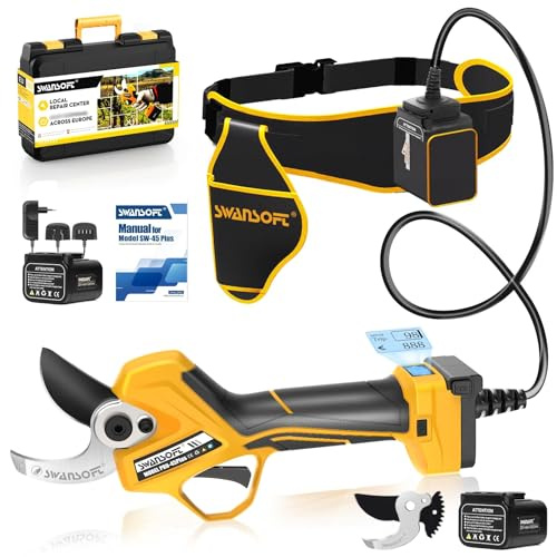 SWANSOFT PRU45-PLUS Tijeras de Podar Electricas Profesionales 45mm,1150W Motor sin Escobillas,25V 4Ah x2 Baterías,Pantalla LCD Tijeras de Podar Bateria para Olivos y Viña