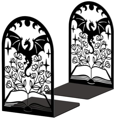 Peacoblue Buchstützen Metall,Buch & Drache Buchstütze Dekorativ für Bücher | 1 Paar 4.7x3.5x7.1 schwere Gusseisen Buchhalter, Stabile Buchstopper für Bücherregal, Schreibtisch, Büro und Wohnraum