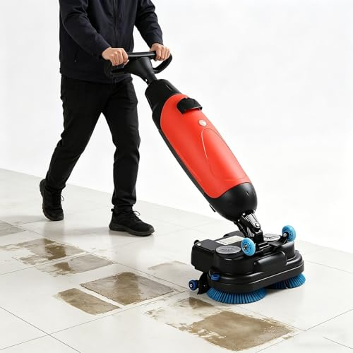 GESAIDES Commercial Floor Scrubber Machine, 17 Walk-Behind Floor Scrubber Buffer Polisher Machine with Dual Brushes, Floor Cleaner with Cordless Rechargeable Lithium Battery Red
