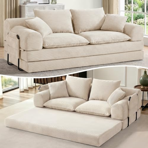 Vipbear Schlafsofa Bodensofa Bed 201×90×73cm,5-in-1 Faltbares Cordstoff Boneless Couch 2-Sitzer mit Schlaffunktion,Klappsofa Gästebett mit Armlehnen & Sitzkissen,Metallrahmen,ohne Montage,Beige