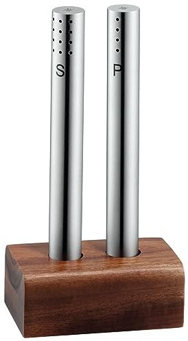 WMF Salz- und Pfefferstreuer Set 2-teilig, Salzsteuer klein, Pfefferstreuer, Cromargan Edelstahl mattiert, Holz-Ständer
