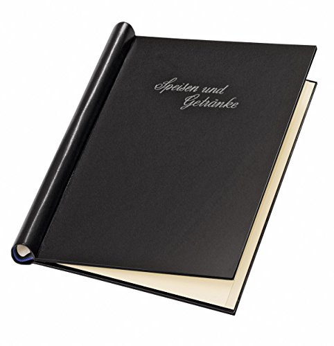 VELOFLEX - Klemmbinder DIN A4 Schwarz für Speisekarten, 20 mm | Mit Schriftzug und Ledernarbung, Klemmfeder aus Metall, für bis zu 150 Blatt, Menükarten und Dokumente