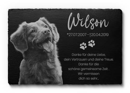 CHRISCK design Grabstein Hund und Katze aus Schiefer mit Gravur & Foto - 22x14 cm o. 30x20 cm - Wetterfester Grabschmuck - Katzen & Hunde Gedenkstein mit Bild & Motiven - Grabplatte Tiergrabstein