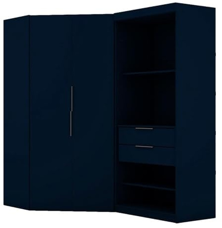 Manhattan Comfort Mulberry 2.0 Corner Wardrobe Closet with Drawers, Hanging Rods and Adjustable Shelves, 2-Piece Free Standing Semi Open Sectional Design for Bedrooms & Dressing Rooms, Midnight Blue