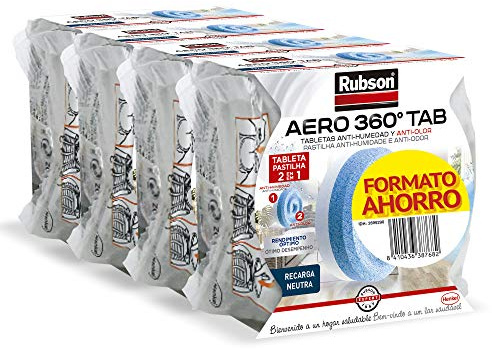 Rubson Aero 360° Tab Tabletas Recambio Deshumidificador, 4 Recargas x 450 g | Olor Neutro, Habitaciones ≤ 22 m², Previene Condensación/Moho, Ultra Absorbente, Duración ≤ 3 meses, Circulación Aire 360°