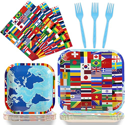 gisgfim 96 Pcs International World Flags Plates and Napkins Party Supplies Travel Trip Around the Globe Tableware Set Retirement Party Decorations Favors for Birthday Baby Shower Serves 24