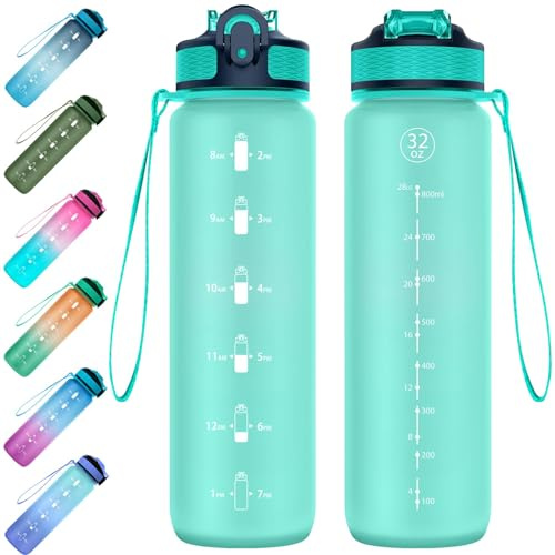 EYQ 1L Water Bottle, 1 Litre Water Bottle with Straw, 32oz Leak-Proof Motivational Sports Drinks Bottle with Time Marker, Tritan BPA-Free, Drinking Waterbottles for Fitness, School, Gym Outdoor Sports