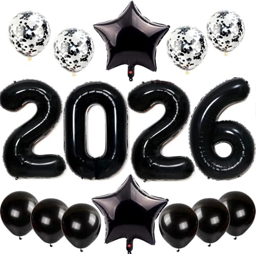 Feelairy Silvester Deko 2026 Dekoration, Luftballons 2026 Neujahr Silvesterdeko Schwarz, Helium Ballons 2026 Schwarz Folienballon Zahl 2026 für Jahreswechsel Neujahr Silvester Party Dekoration
