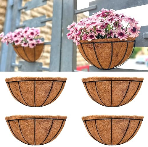 LáLáGreen - Macetero de Pared para Exteriores, Paquete de 4, Cesta Grande de 14 Pulgadas para Colgar en la Pared con Forro de Coco, Maceta Vertical de Alambre montada en la Pared, barandilla Exterior