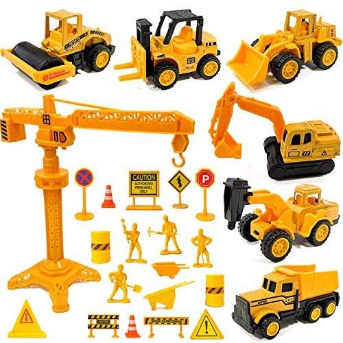 Tortendeko Baustelle, 27 Stück Bagger Kuchen Deko, Wichtelbaustelle Set - Metall Kunststoff Baustellenfahrzeuge Verkehrsschilder Kinder, Miniatur Baustelle Spielzeug für Junge Mädchen 2 3 4 5 Jahre