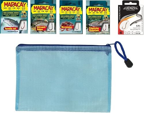 Set: 5 Packungen Hakensortiment Behr & Jenzi Forellen, Aal,-, Allround,- Wurm,- Weissfischhaken (42 Haken) gebunden Vorfach, Hakengröße 4-14+ gratis Vorfachtasche