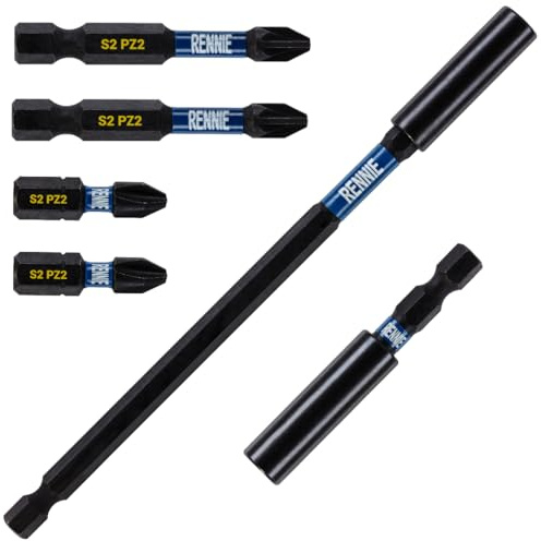 6 Piece Rennie Tool Magnetic Impact Bit Set 25mm & 50mm PZ2 + 2 Bit Holders | 60mm and 152mm Professional Impact Bit Holders with 2 x 25mm & 50mm Long Pozidriv PZ2 Screwdriver Impact Bits. Heavy Duty