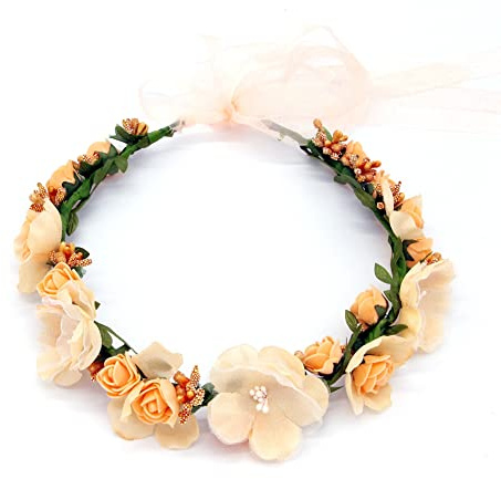 Yurosiay Bumenkranz Damen Blumenstirnband Verstellbarer Blumenkrone Mit Organzaband Blumen Haarband Braut Rose Braut Haarschmuck Boho Blumenstirnband für Party Hochzeit Strand Orange