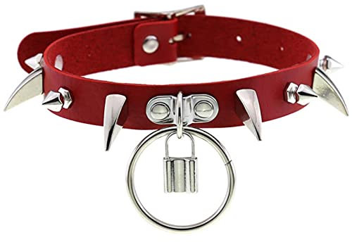 WEITING Schwarzes Spiked Choker Halsband für Mädchen Emo Punk Goth Lock Halskette 2023 Halsband Cosplay Chocker Gothic Zubehör - Rot